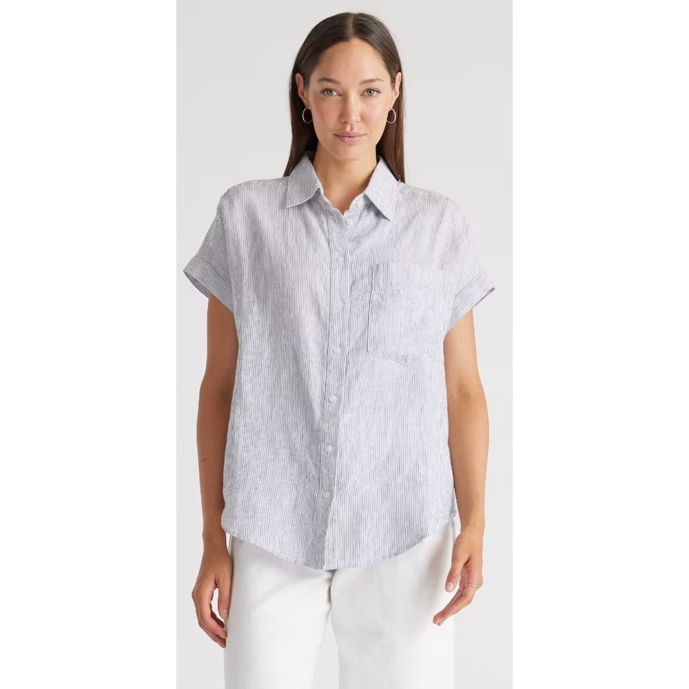 Quince Light Blue and White Striped Short Sleeve Button-Down Shirt